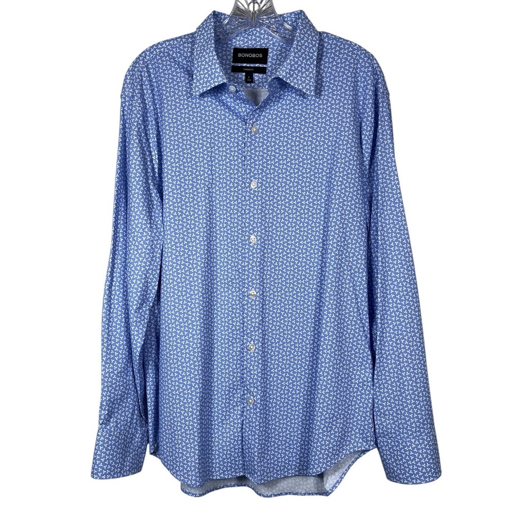 BONOBOS Sz L Shirt Standard Fit Light Blue White Geometric Button Up L/S Stretch